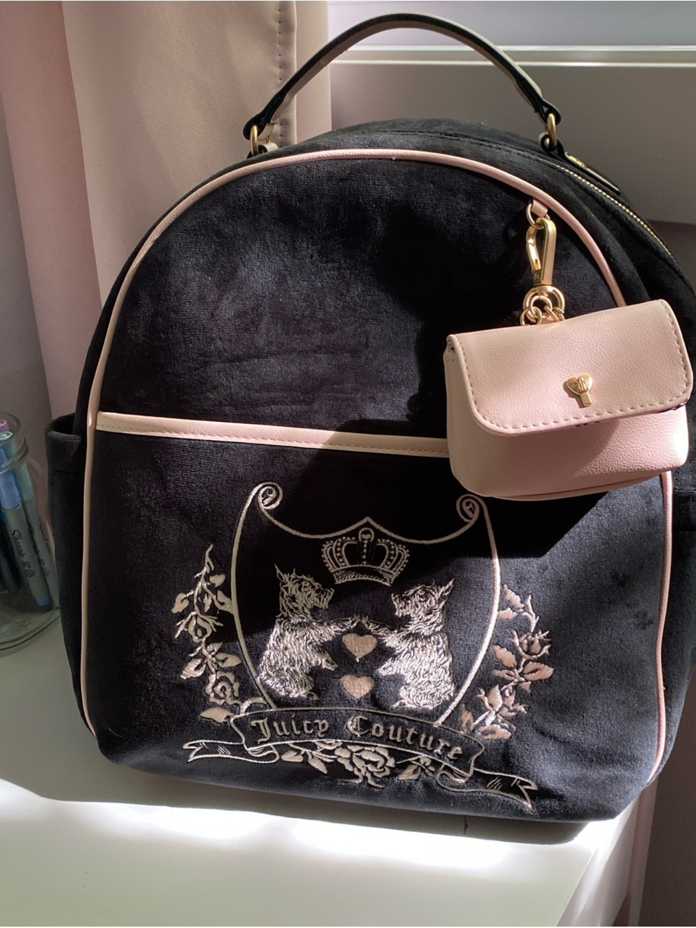 Juicy Couture Black Velvet Backpack with Light Pink Trim & Pouch